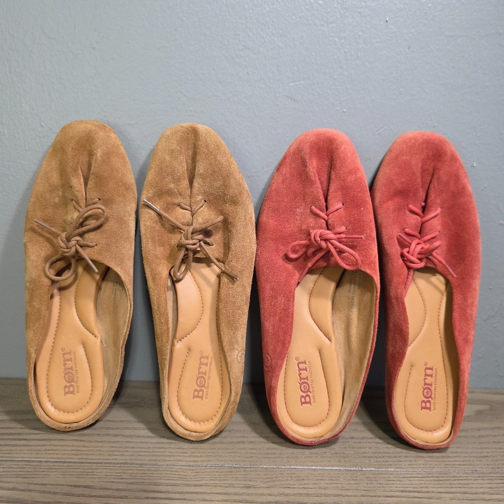 Lot of 2-‎ BORN Bianca Comfort Slip on Mules Size 8 Sienna Tan & Red Suede Flats